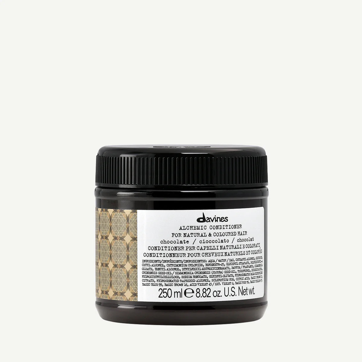 Burk med Alchemic Conditioner Chocolate, ett balsam för naturligt och färgat hår, med chokladton och miljövänlig förpackning.
