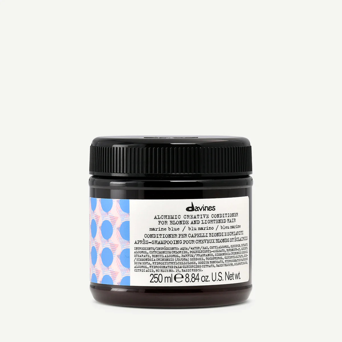 Burk med Alchemic Creative Conditioner Marine Blue, ett balsam för blont och ljusfärgat hår från Davines med miljövänlig och vårdande formula.