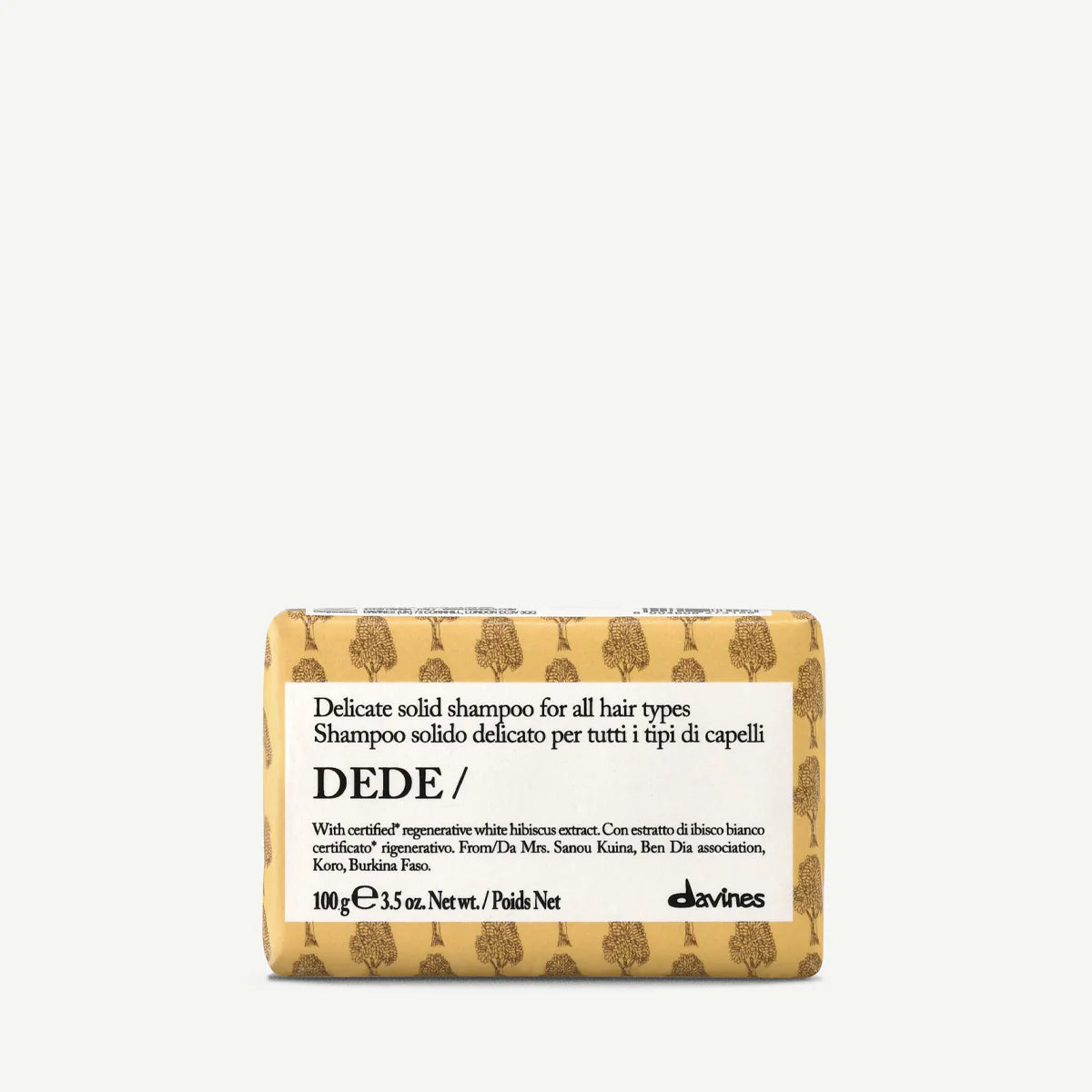 Dede Delicate Solid Shampoo Bar i miljövänlig förpackning, ekologiskt schampo i fast form för alla hårtyper med naturliga ingredienser och återfuktande egenskaper.