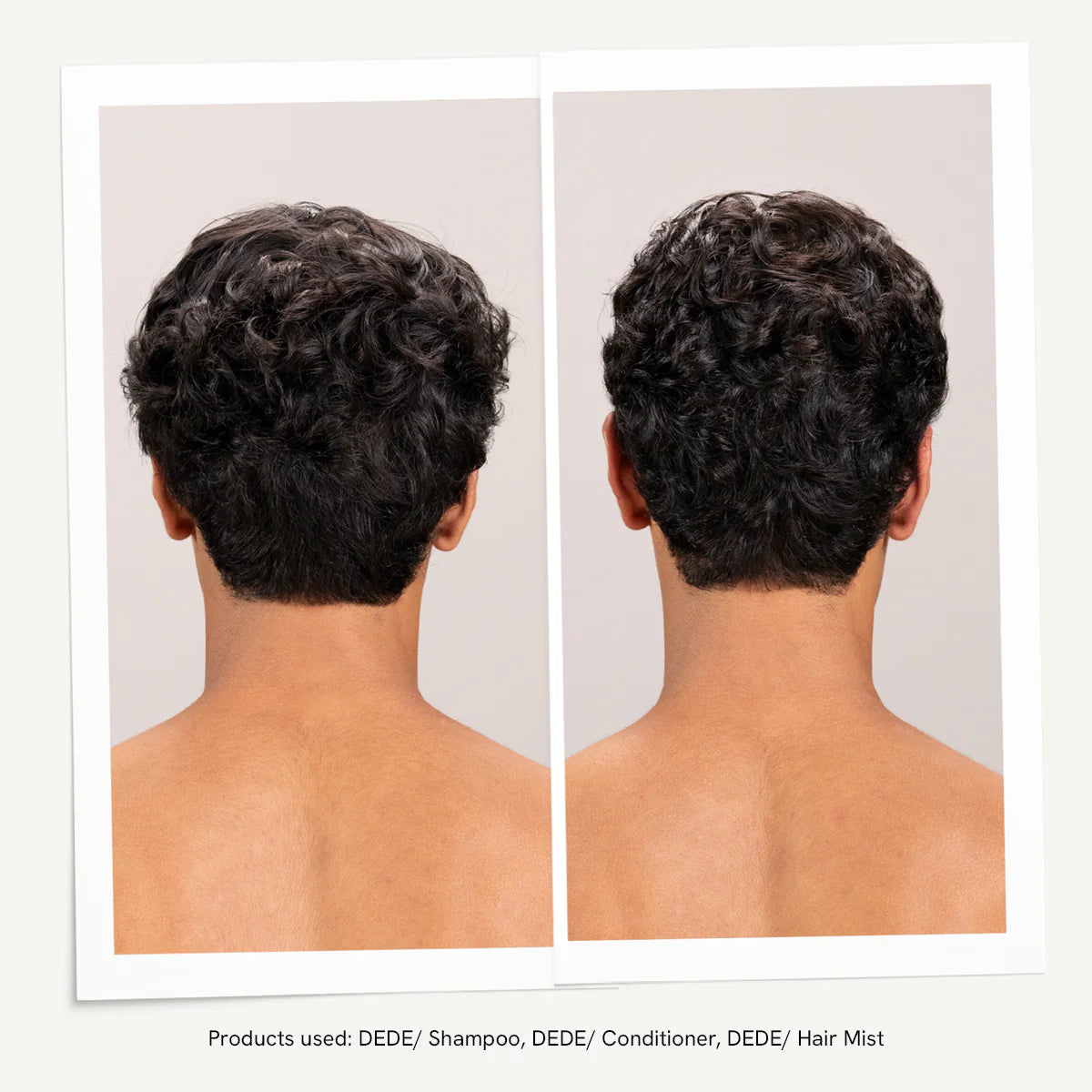 Före- och efterbild som visar effektiviteten av Dede Leave in Conditioner på mörkt, kort, lockigt hår med förbättrad definition och minskad frissighet.