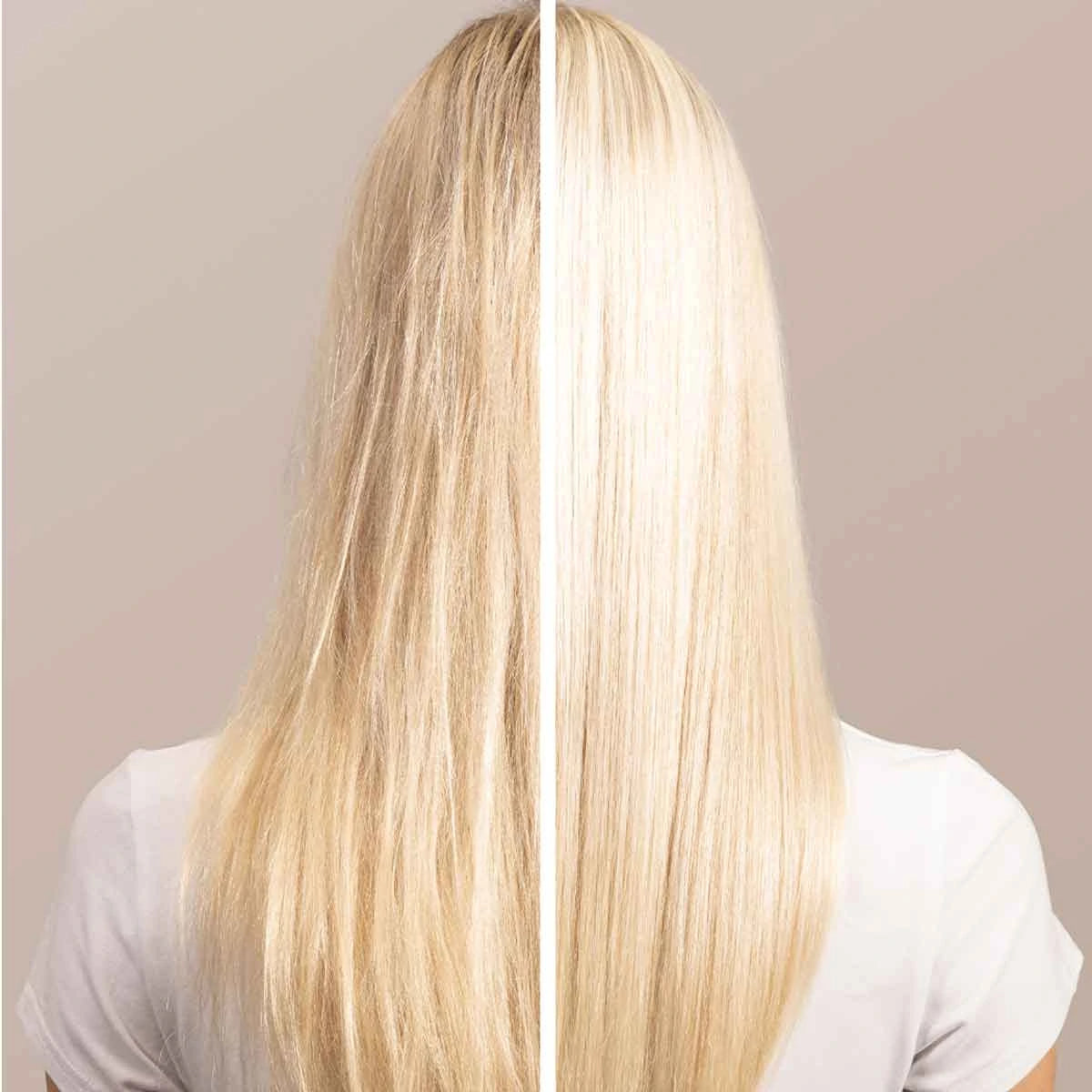 Bild som visar före- och efterresultat på ljusblont hår som behandlats med Heart of Glass Instant Bonding Glow, där håret ser friskare, glansigare och mer välvårdat ut efter användning.