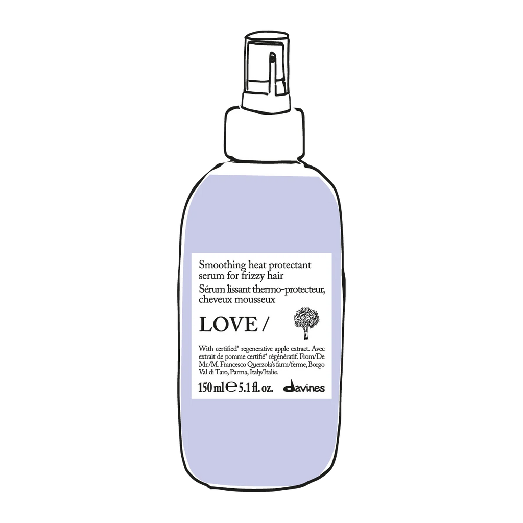 Flaska med Love Smoothing Heat Protectant Serum i ljuslila färg, värmeskyddande stylingprodukt för frissigt hår från Davines.