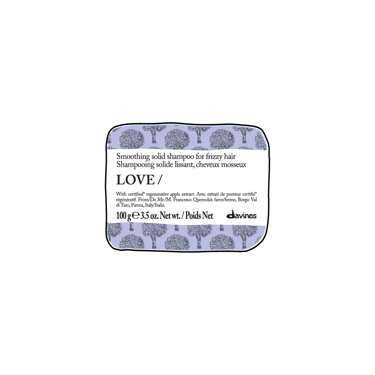 Love Smoothing Solid Shampoo Bar i en miljövänlig fast form, perfekt för att mjuka upp frissigt hår med naturliga och skonsamma ingredienser från Davines.
