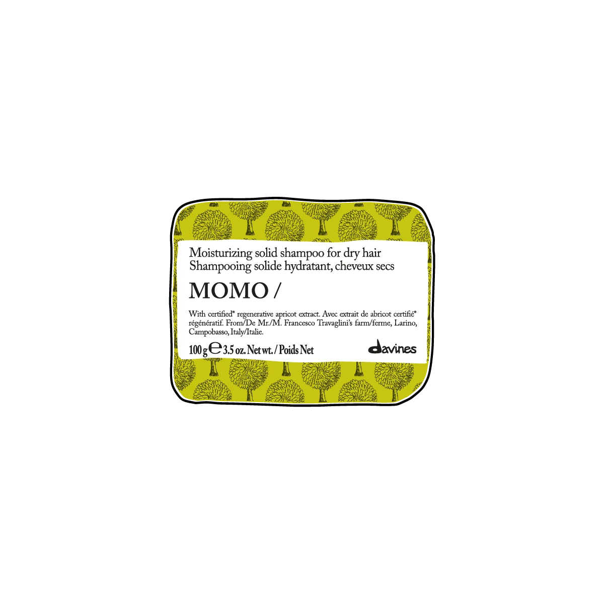 Momo Moisturizing Solid Shampoo Bar i fast form med fuktgivande egenskaper för torrt hår, förpackad i en grön ask med stilfullt trädmönster.