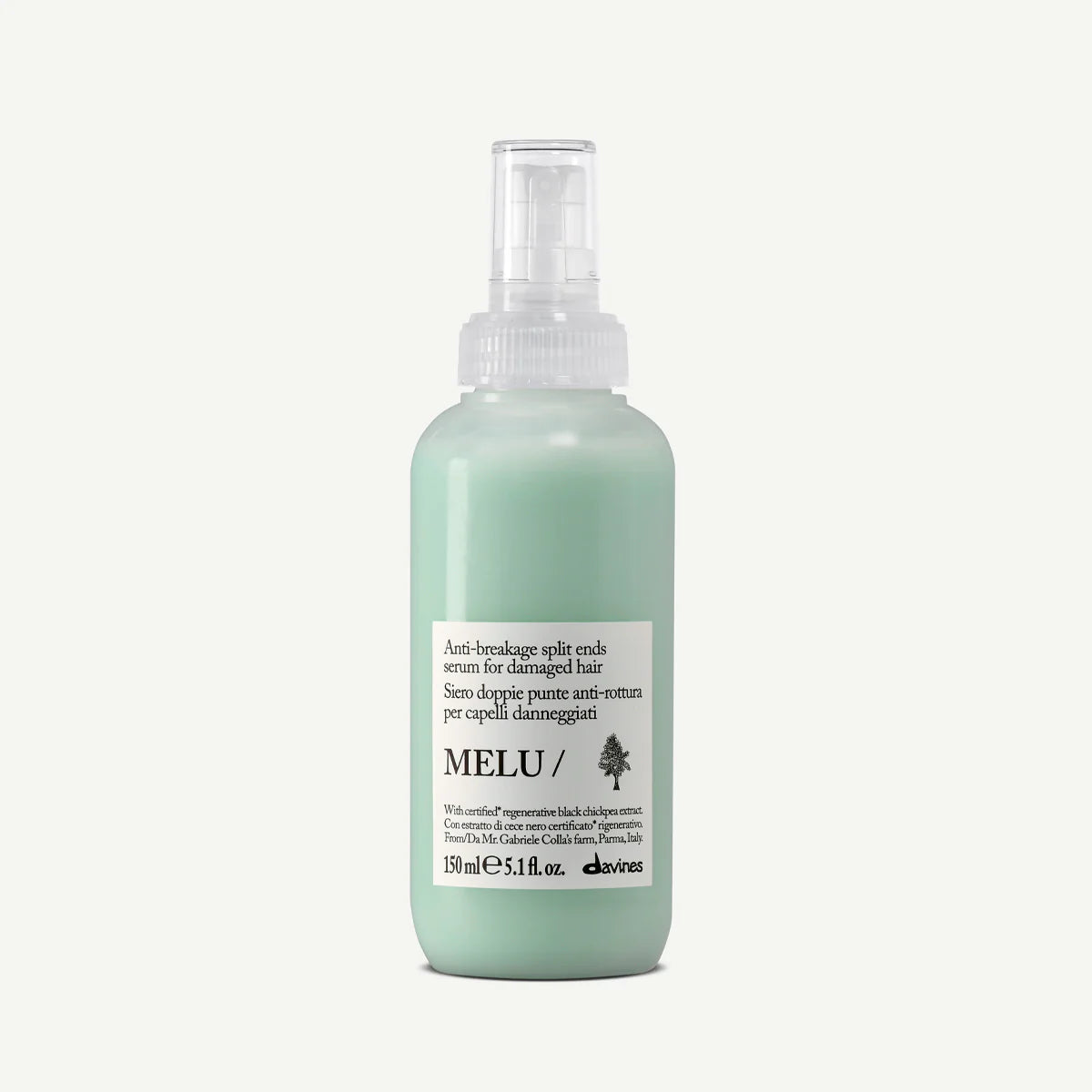 Melu Anti-Breakage Split Ends Serum i grön flaska med pump, fungerar som styling och skyddar mot kluvna hårtoppar för skadat hår.