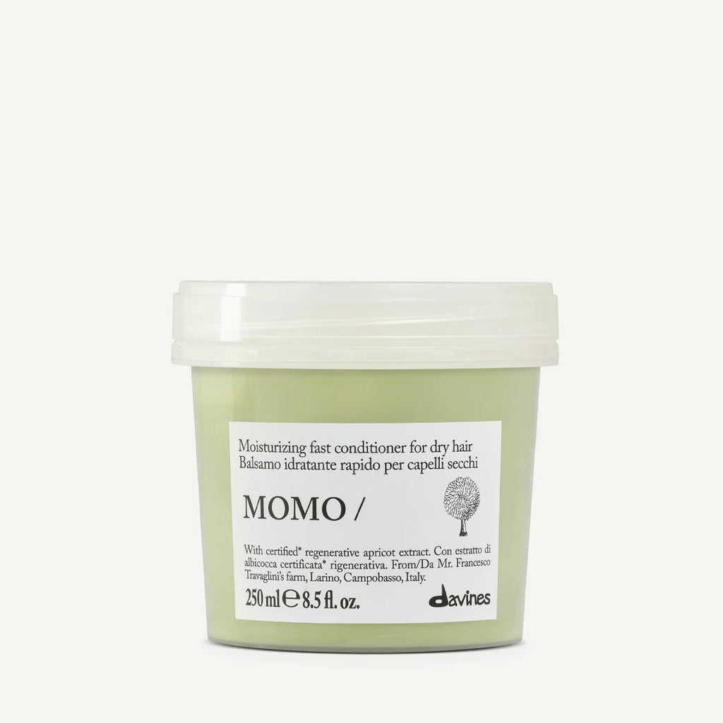 Momo Moisturizing Fast Conditioner i burk för snabb återfuktning av torrt hår, miljövänlig hårvårdsprodukt från Davines med vårdande ingredienser.