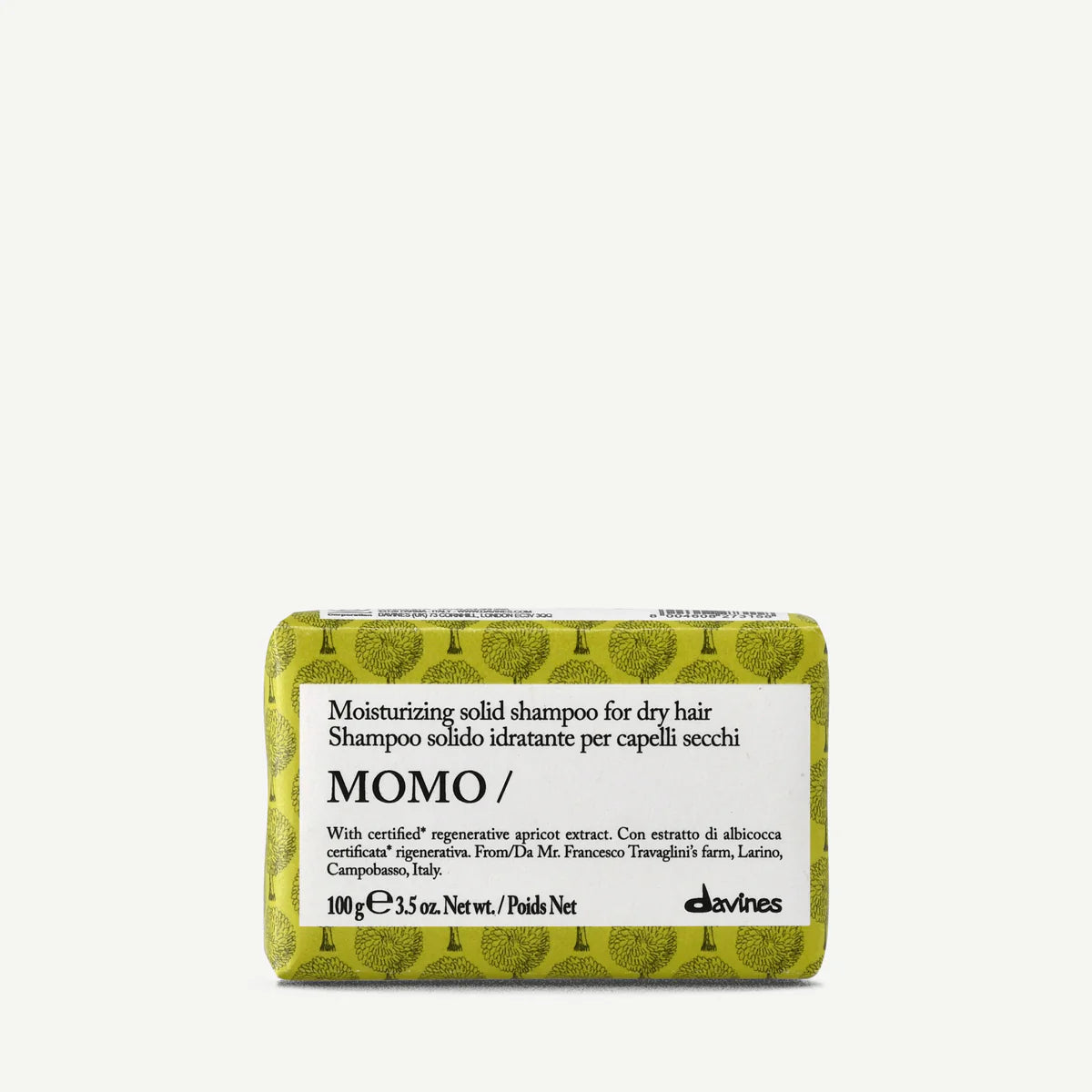 Momo Moisturizing Solid Shampoo Bar i fast form med återfuktande egenskaper för torrt hår, miljövänlig schampo med aprikosextrakt från Davines.