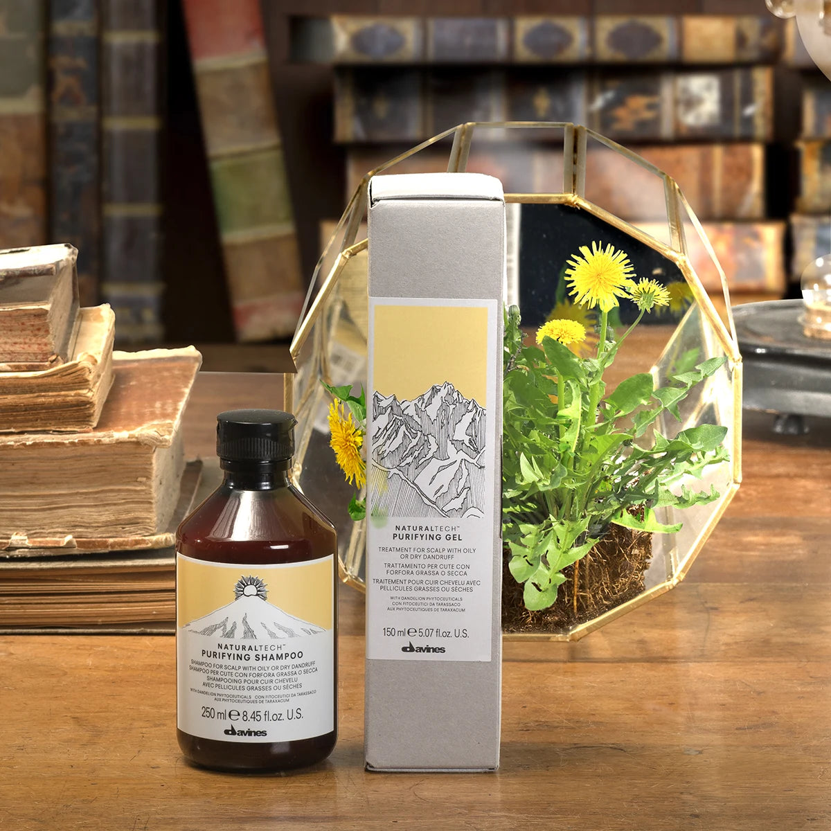 Naturaltech Purifying Gel i förpackning och flaska på träbord med gamla böcker och maskrosor i bakgrunden, miljövänlig hårvårdsprodukt för rengöring och vård.