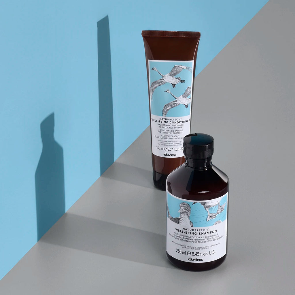 Flaska och tub med Naturaltech Well-Being Shampoo och balsam på grå och blå bakgrund, miljövänliga hårvårdsprodukter från Davines.