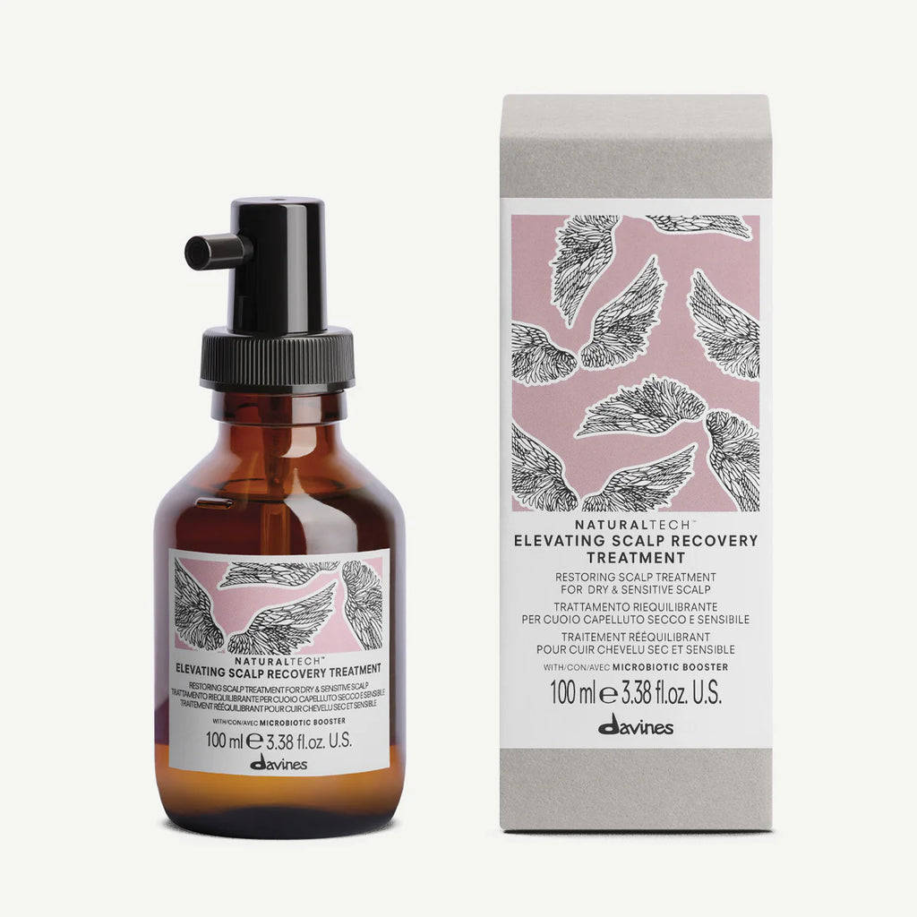 Flaska och förpackning av Naturaltech Elevating Scalp Recovery Treatment, en vårdande hårbehandling för torr och känslig hårbotten från Davines.