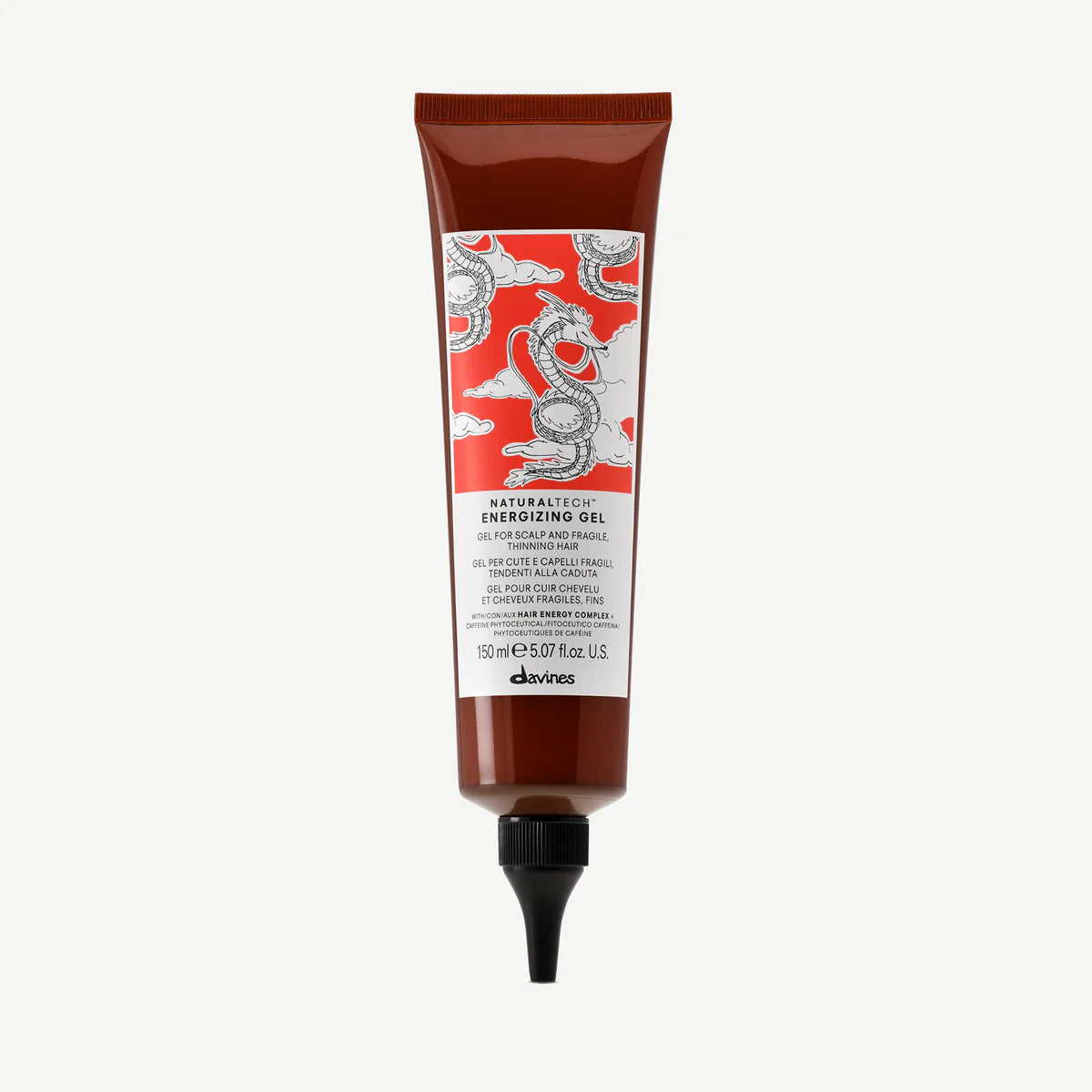 Naturaltech Energizing Gel i en brun tub med röd och vit etikett som visar en drakillustration, en hårvårdsprodukt för energigivande vård av hårbotten.