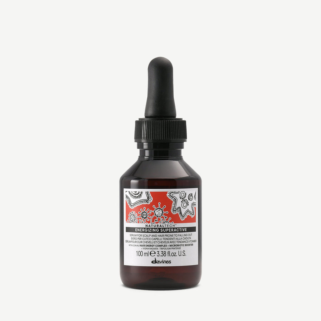flaska med Naturaltech Energizing Superactive, mörk glasbehållare med pipett, hårvårdsprodukt för hårbottenvård och stärkande behandling