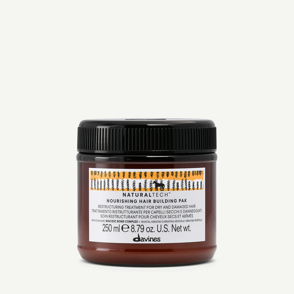 Burk med Naturaltech Nourishing Hair Building Pak, en hårinpackning som skyddar och vårdar torrt och skadat hår, från Davines.