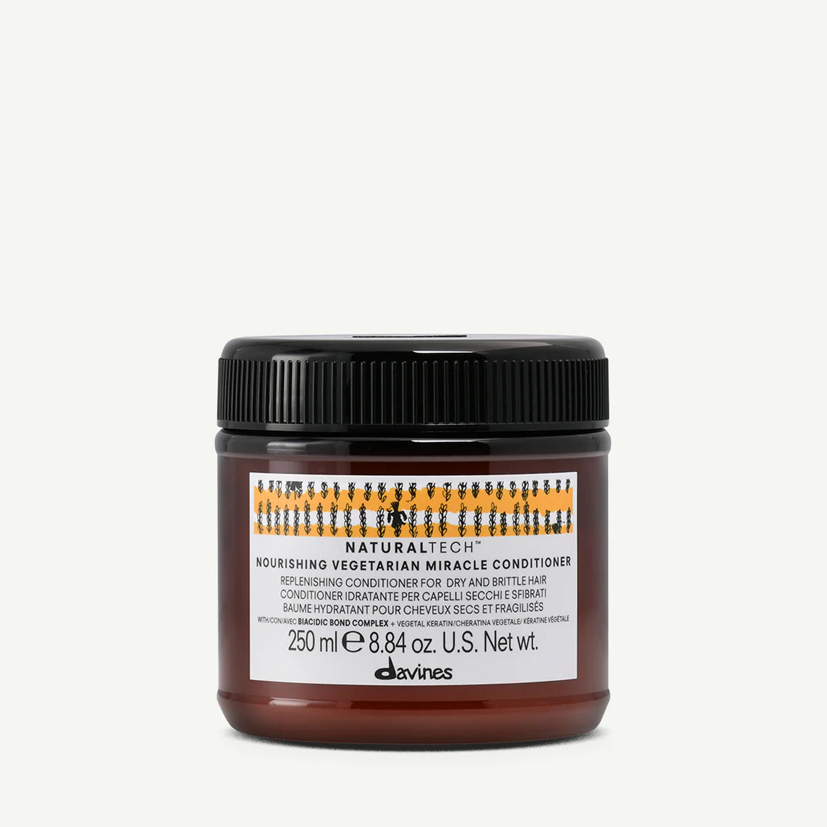 Naturaltech Nourishing Miracle Conditioner i en brun burk med svart lock, ett närande balsam för torrt och skadat hår från Davines.