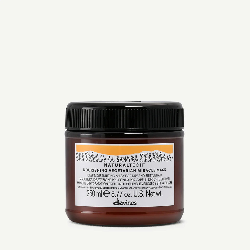 Naturaltech Nourishing Miracle Mask i brun burk med svart lock, en närande hårinpackning från Davines för djupt återfuktande och vårdande behandling.