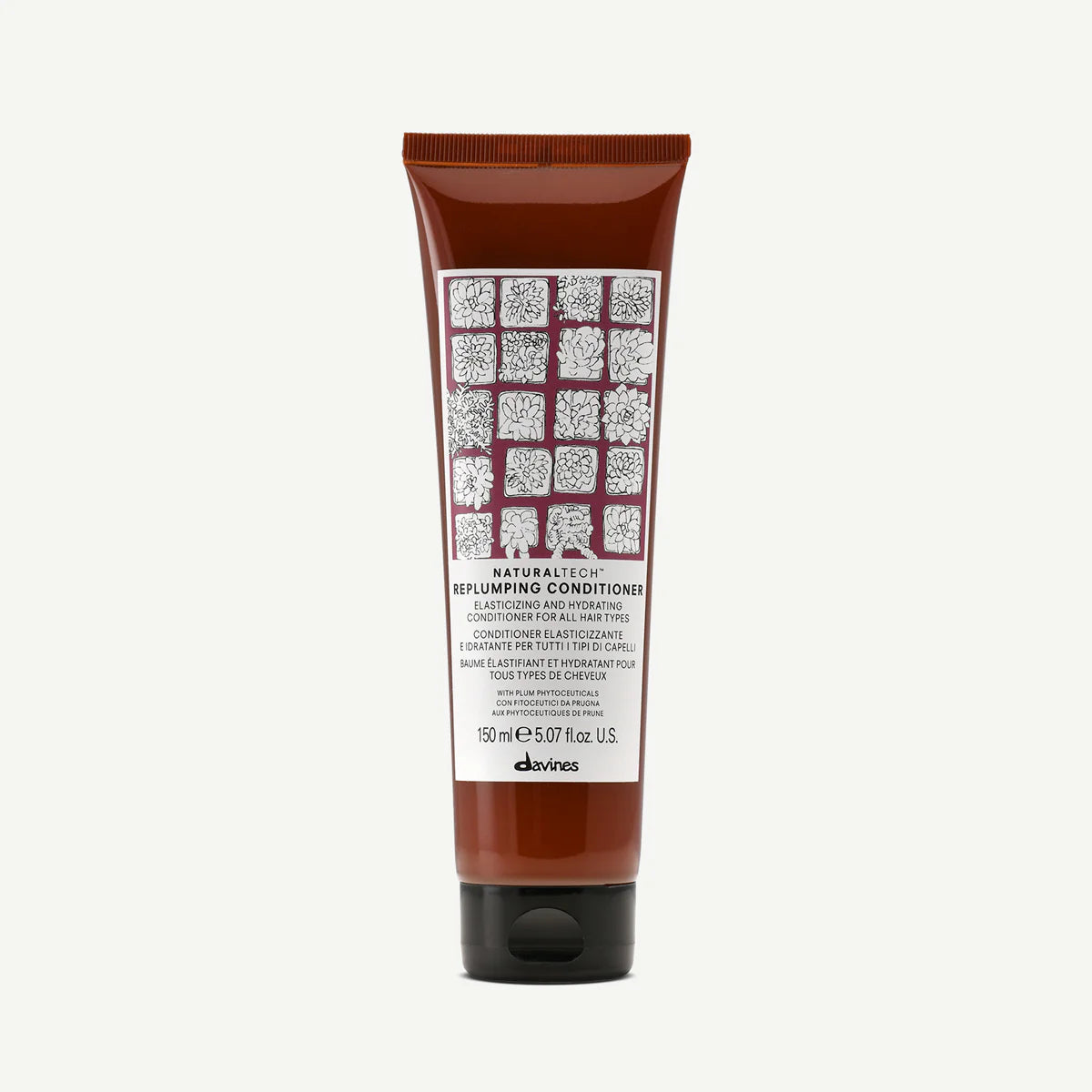 Naturaltech Replumping Conditioner i en brun tub med svart lock, en mjukgörande och elasticitetsgivande balsam för alla hårtyper från Davines.