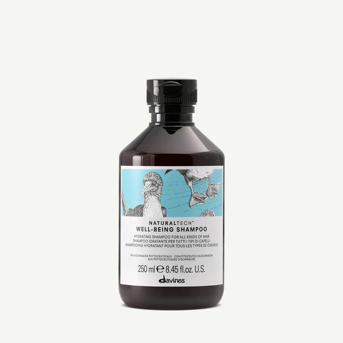 Naturaltech Well-Being Shampoo i brun flaska med svart lock, schampo för återfuktning och välmående av alla hårtyper från Davines.