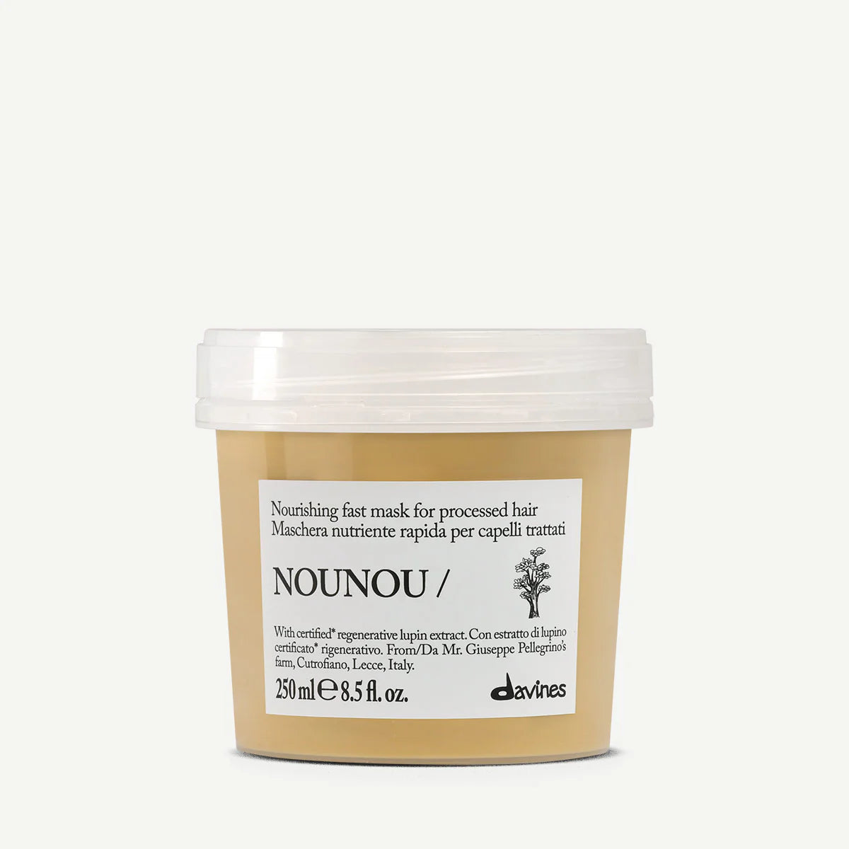 Burk med Nounou Nourishing Fast Mask, en snabbverkande hårinpackning i krämig beige nyans för behandlat hår, med miljövänlig och vårdande formula.