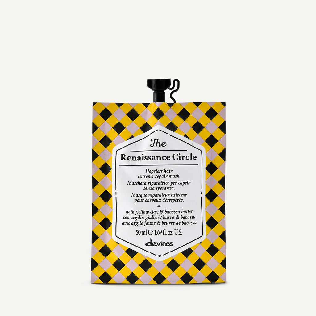The Renaissance Circle hårinpackning med naturlig gul lera och babassusmör för extrem reparation av skadat hår i en miljövänlig förpackning.