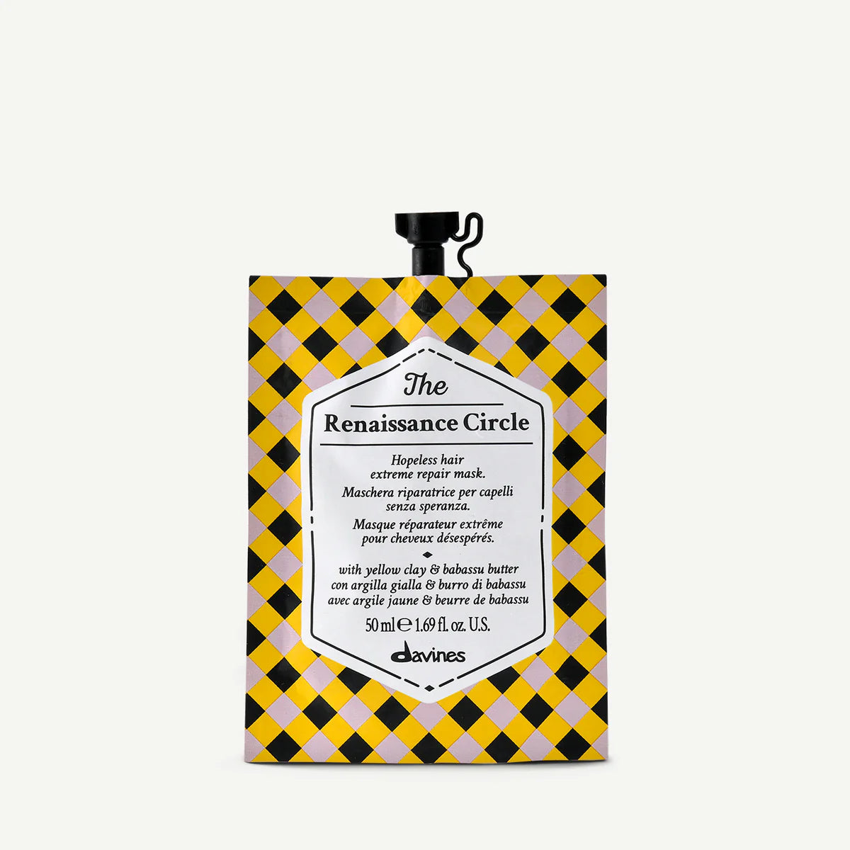 The Renaissance Circle hårinpackning med naturlig gul lera och babassusmör för extrem reparation av skadat hår i en miljövänlig förpackning.