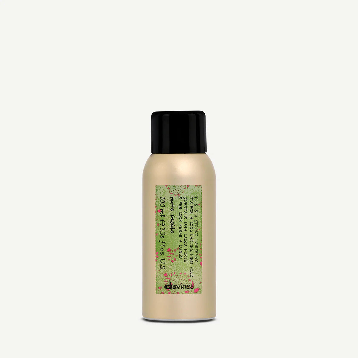 This is a Strong Hair Spray i en enkel beige sprayflaska med svart lock, perfekt för styling och som en miljövänlig hårsprayprodukt.