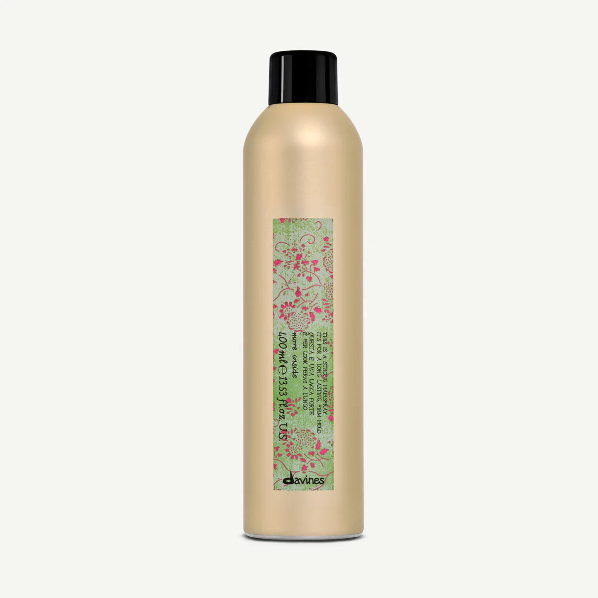 This is a Strong Hair Spray i en stilren guldaktig flaska med svart lock, en miljövänlig hårspray för effektiv styling och starkt hållbar resultat.