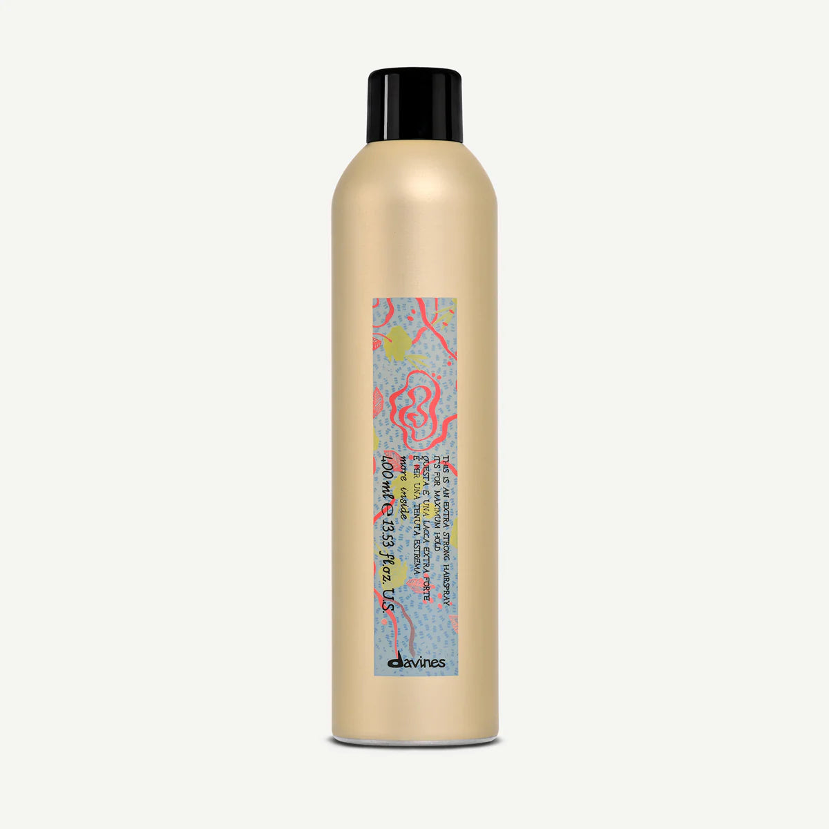 flaska med This is an Extra Strong Hairspray, stark hårspray för hållbar styling, metallflaska med dekorativ etikett och svart lock