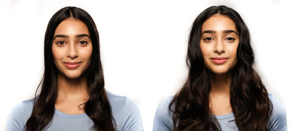 Bild som visar före- och eftereffekt av This is an invisible Dry Shampoo på en kvinna med mörkt, långt hår som ser fräscht och voluminöst ut efter användning.