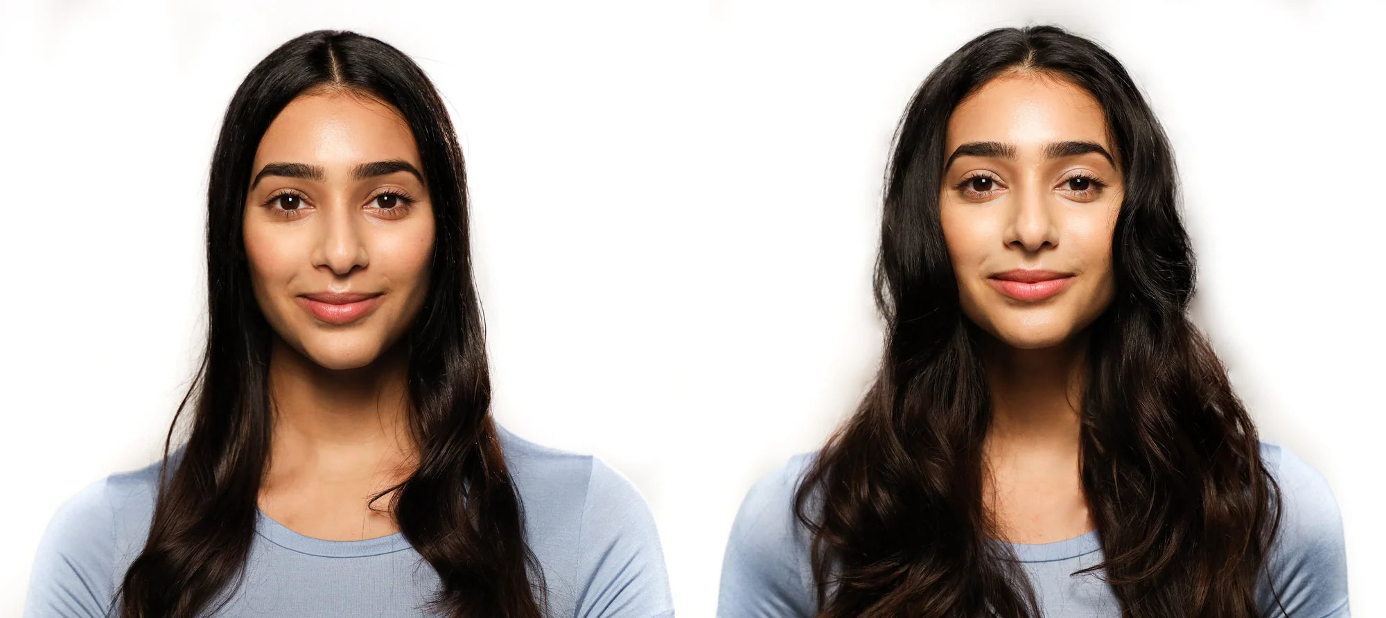 Bild som visar före- och eftereffekt av This is an invisible Dry Shampoo på en kvinna med mörkt, långt hår som ser fräscht och voluminöst ut efter användning.