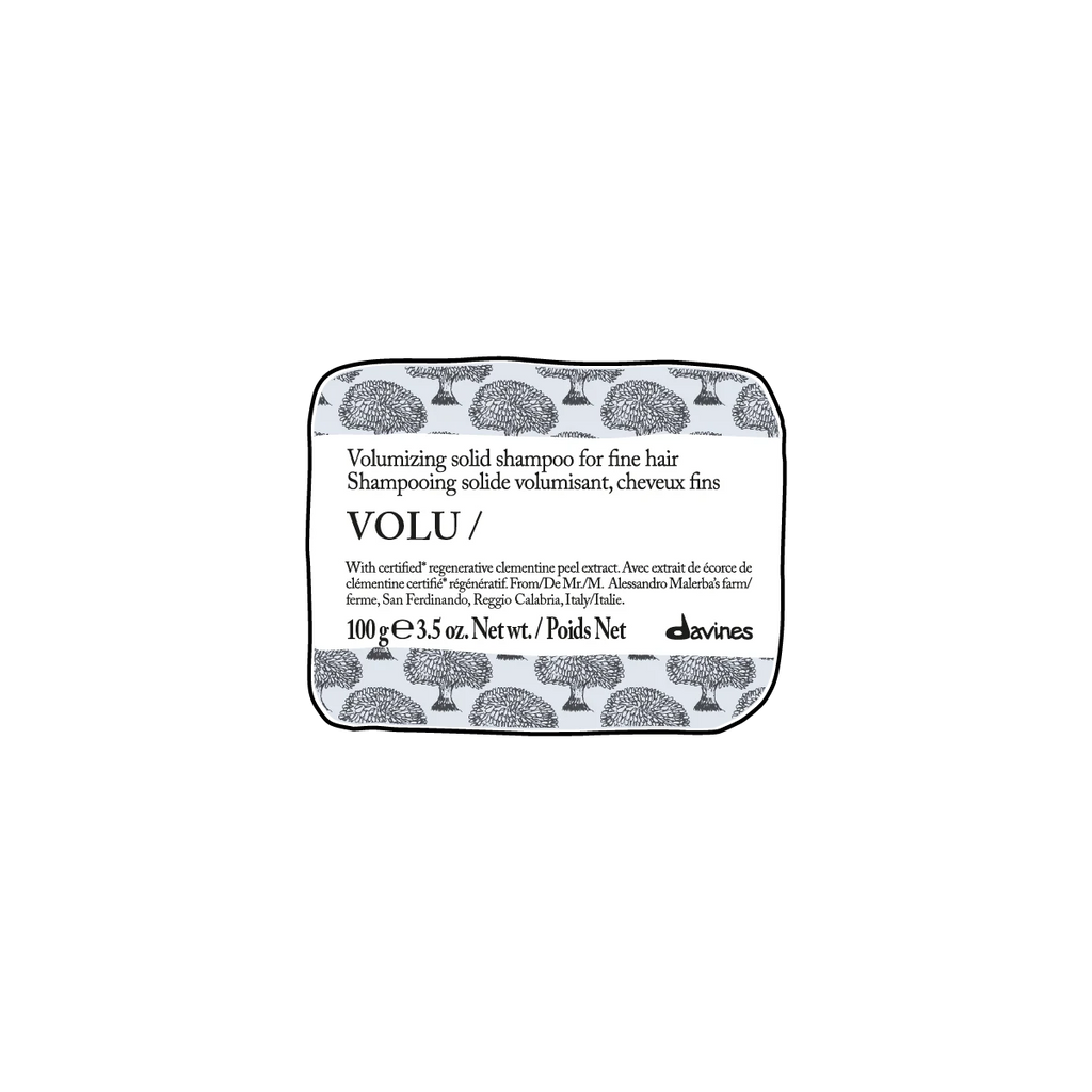 Volu Volumizing Solid Shampoo Bar i en återanvändbar förpackning, en fast schampobar för fint hår som är ett miljövänligt alternativ till traditionellt schampo.