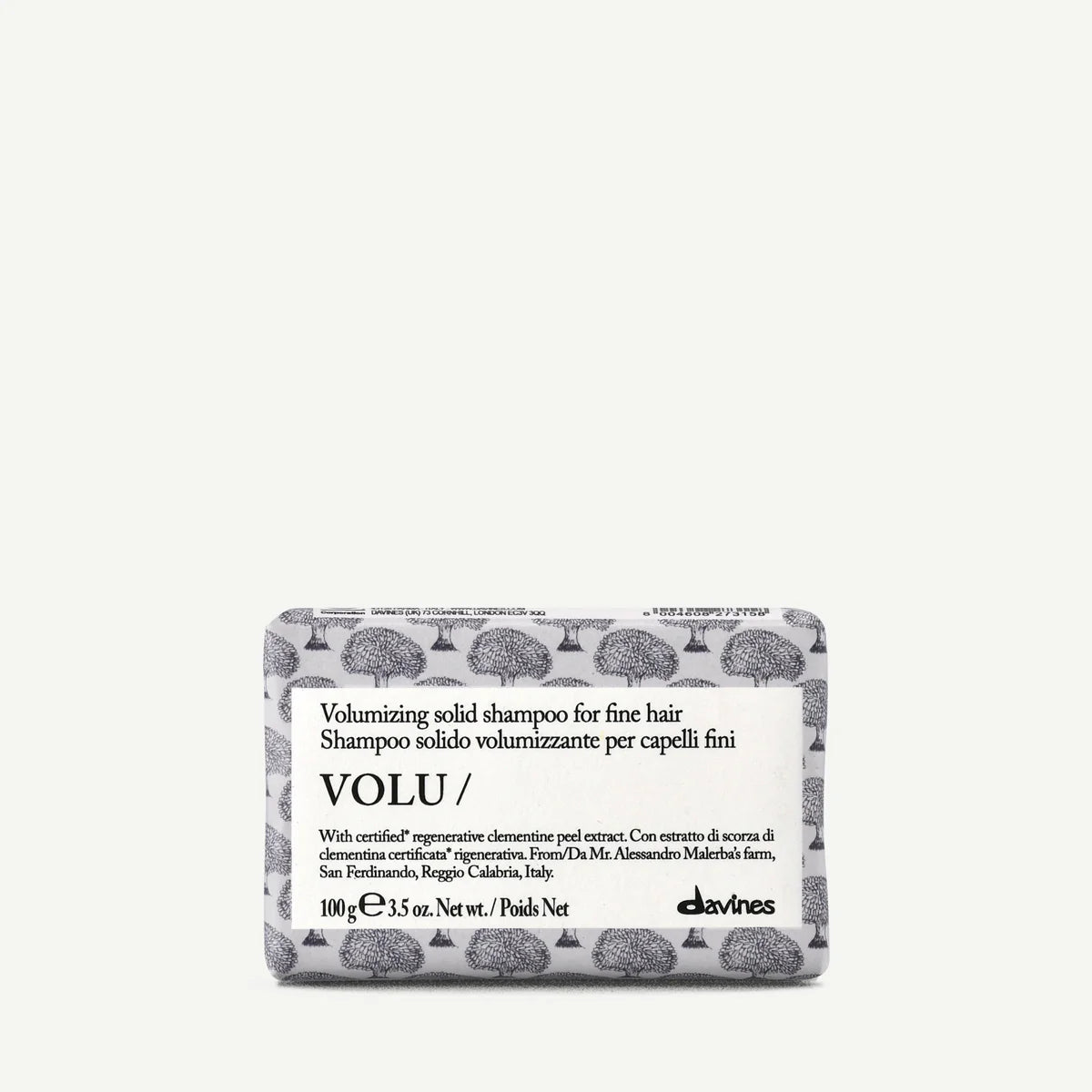 Volu Volumizing Solid Shampoo Bar för fint hår, en miljövänlig schampobalk från Davines med extrakt från clementin för volym och vård.